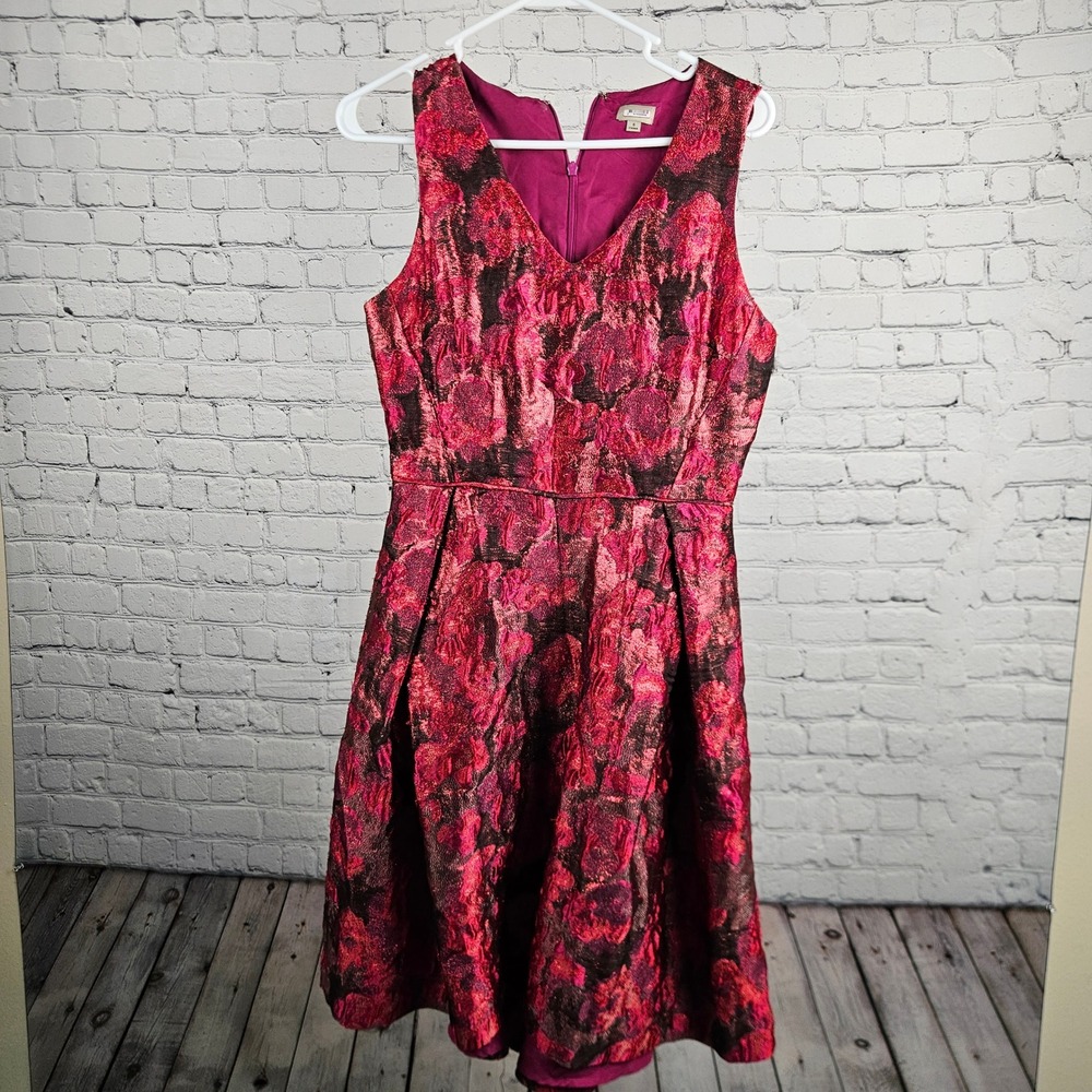 J. Crew Pink Black Floral Brocade Metallic Lurex Fit & Flare Dress Size 8